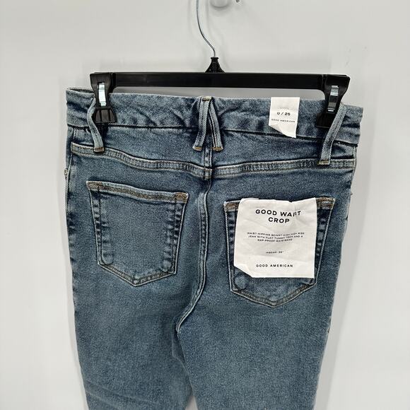 GOOD AMERICAN NWT Good Waist Chew Hem Cropped Jeans In Blue799 // 0 (25) - Picture 11 of 15
